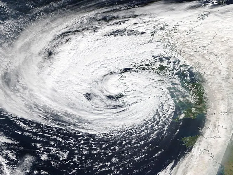 A swirl of cloud off the west coast of Ireland and Britain, seen from a satellite